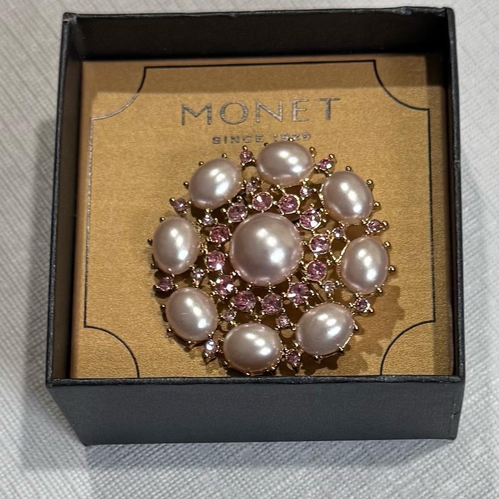Monet Pink Brooch with Pearl Accents